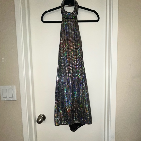 Striking Glow Iridescent Silver Sequin Halter Bodycon Dress - Picture 3 of 4